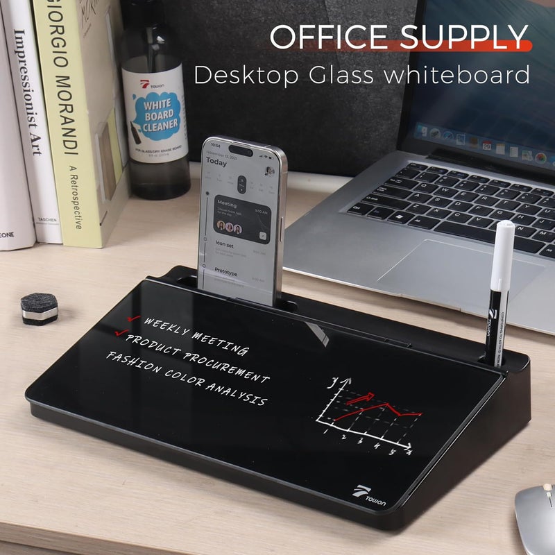 TOWON Small Compact Glass Desktop Whiteboard with Storage – 12 x 7 in Dry Erase Board for Desk, Home Office, School | Includes 5 Markers, Eraser & Holder | Space-Saving Organizer, Aesthetic Black - Image 2